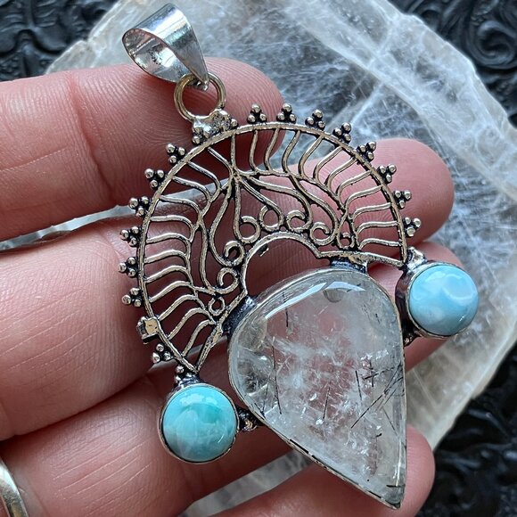 Larimar and Tourmalinated Quartz Boho Pendant - Picture 6 of 8